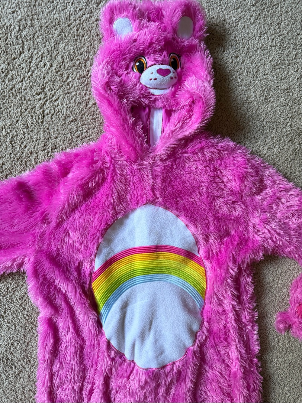 Pink Plush Bear Hoodie with Rainbow Belly